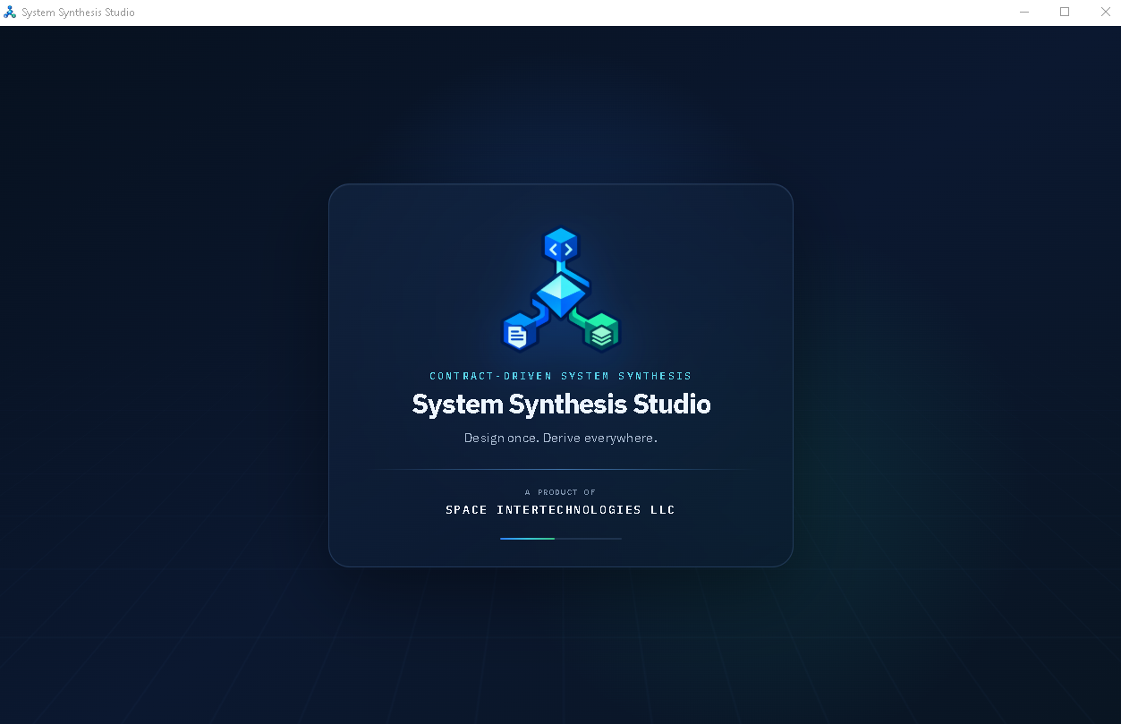 System Synthesis Studio splash screen showing its contract-driven system synthesis branding