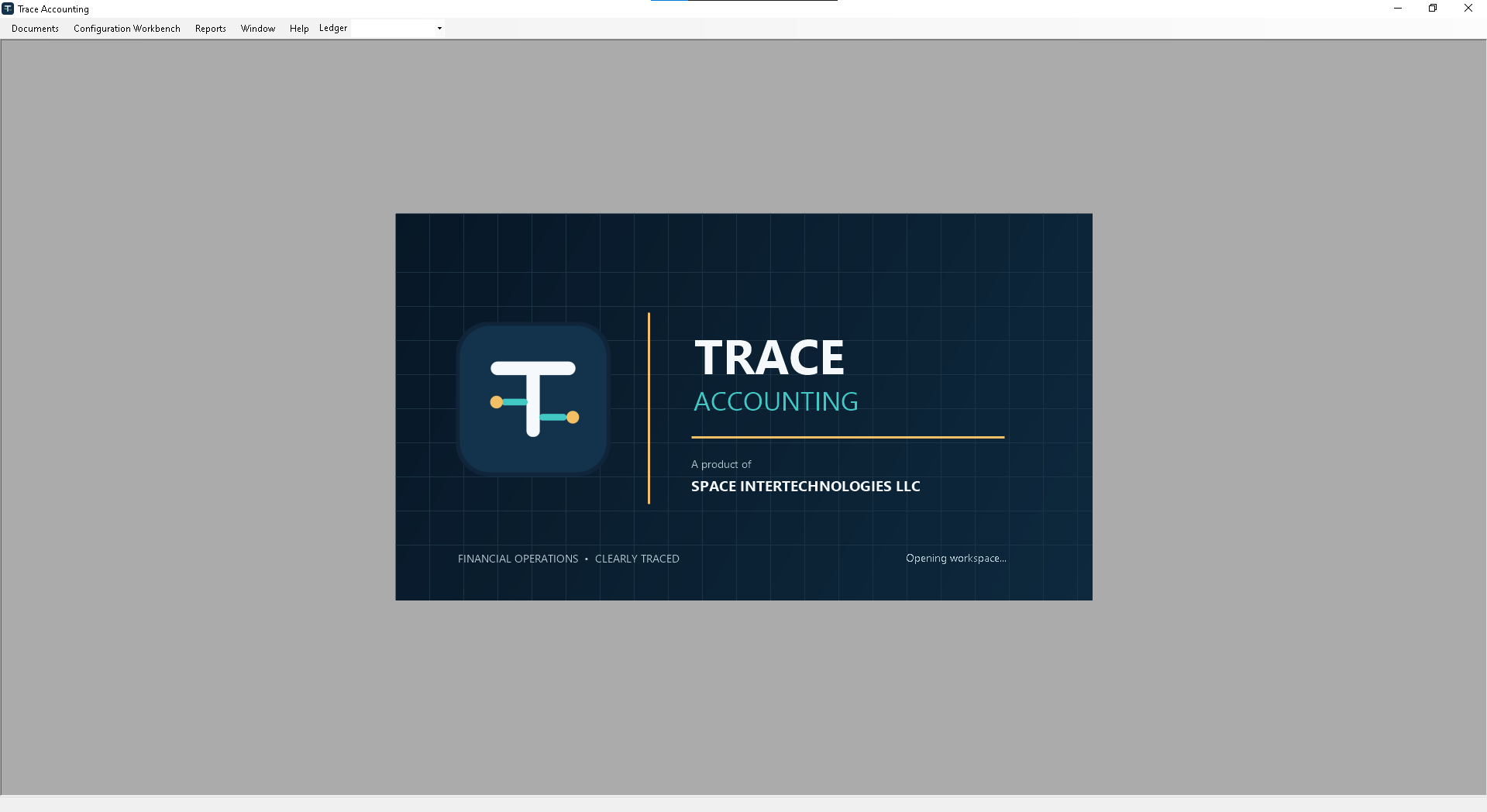 Trace Accounting desktop application splash screen showing the product name and SPACE INTERTECHNOLOGIES LLC