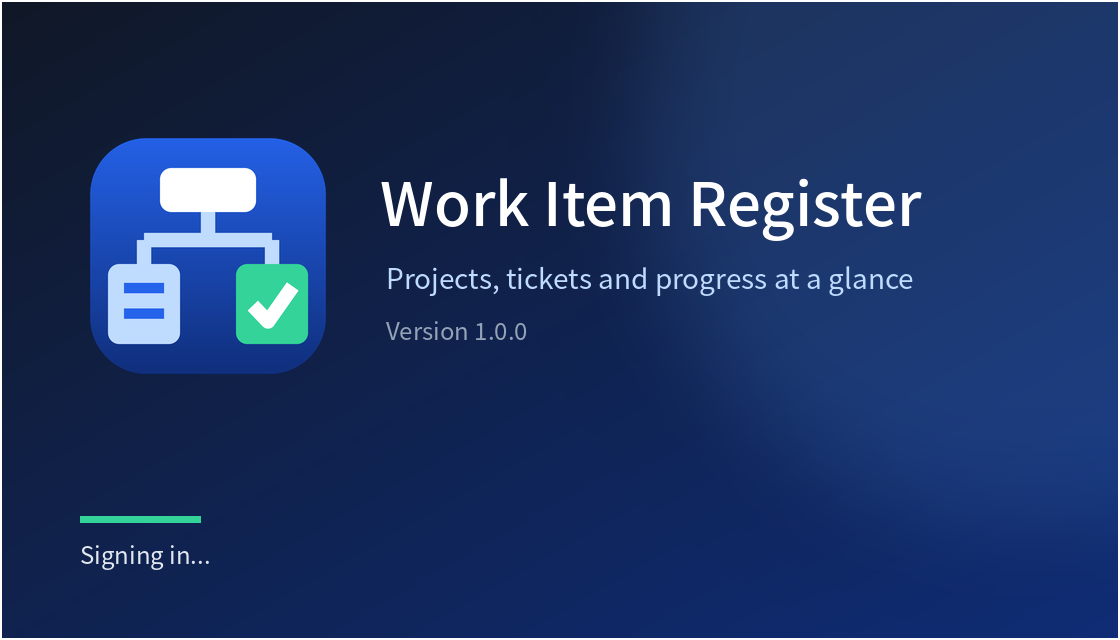Work Item Register splash screen showing its project and ticket tracking icon